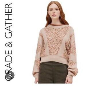 GRADE & GATHER Knit Sweater Women Size S Tan Brown Pattern Crew Neck Long Sleeve